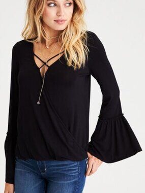 American Eagle Soft & Sexy Blouse Size Small Mock Wrap Draped Bell Sleeves Black